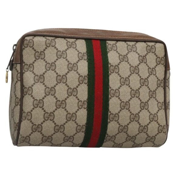 GUCCI GG Supreme Web Sherry Line Clutch Bag PVC Beige Gold 89 01 012 Auth BA3808 - Picture 1 of 16